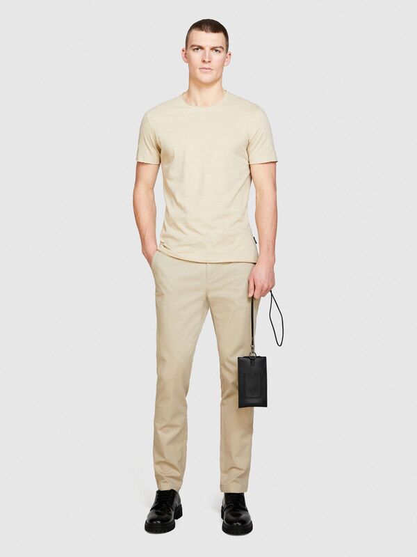 Sisley - %100 Pamuk Bisiklet Yaka Slim Fit T-Shirt Erkek Bej T-Shirt - 324P3WF0S101K