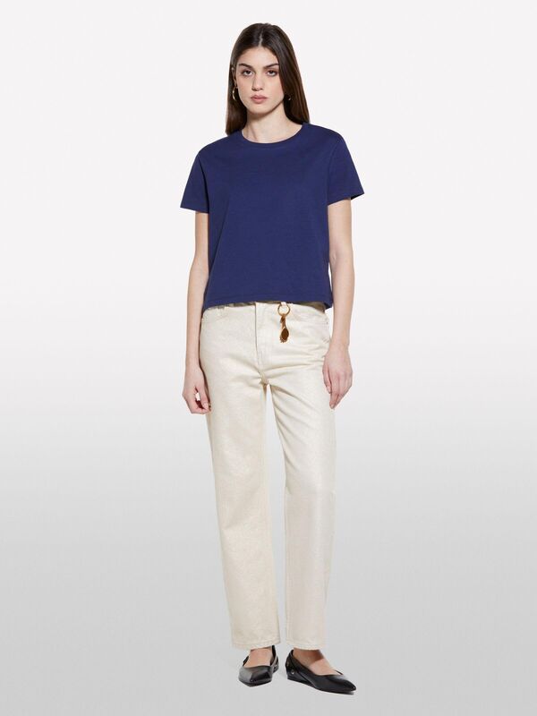 Sisley - %100 Pamuk Bisiklet Yakalı T-Shirt Kadın LACİVERT T-Shirt - 325P3I1XL101S