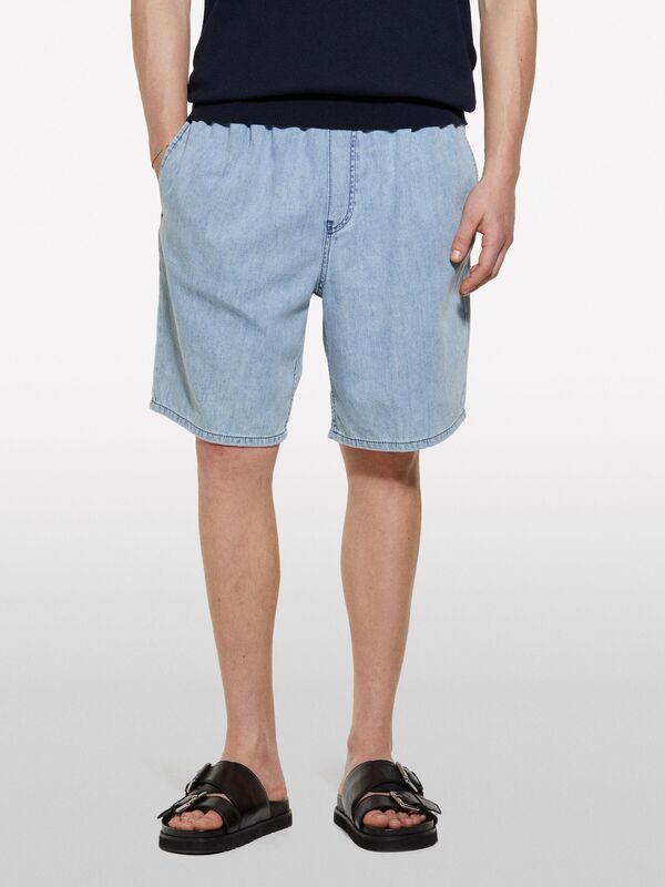 Sisley - %100 Pamuk Büzgü İpli Normal Bel Denim Şort Erkek Mavi Denim Şort - 325P44C1S901A