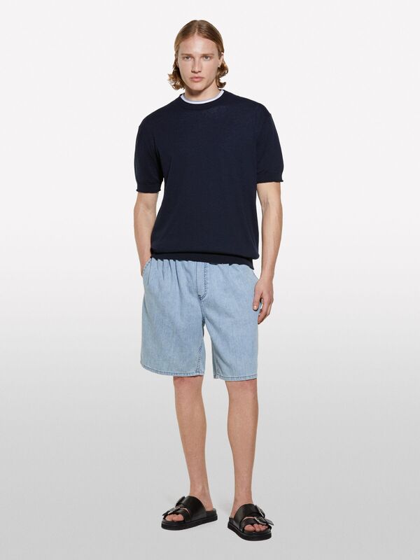 %100 Pamuk Büzgü İpli Normal Bel Denim Şort Erkek Mavi Denim Şort - 325P44C1S901A