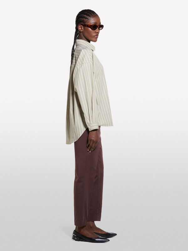 %100 Pamuk Çizgili Maskülen Poplin Gömlek Kadın Bej Gömlek - 325P5LKYLQ08H