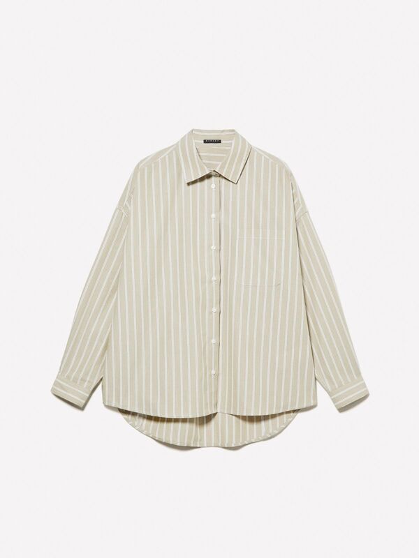 %100 Pamuk Çizgili Maskülen Poplin Gömlek Kadın Bej Gömlek - 325P5LKYLQ08H