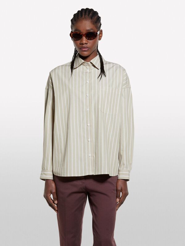%100 Pamuk Çizgili Maskülen Poplin Gömlek Kadın Bej Gömlek - 325P5LKYLQ08H
