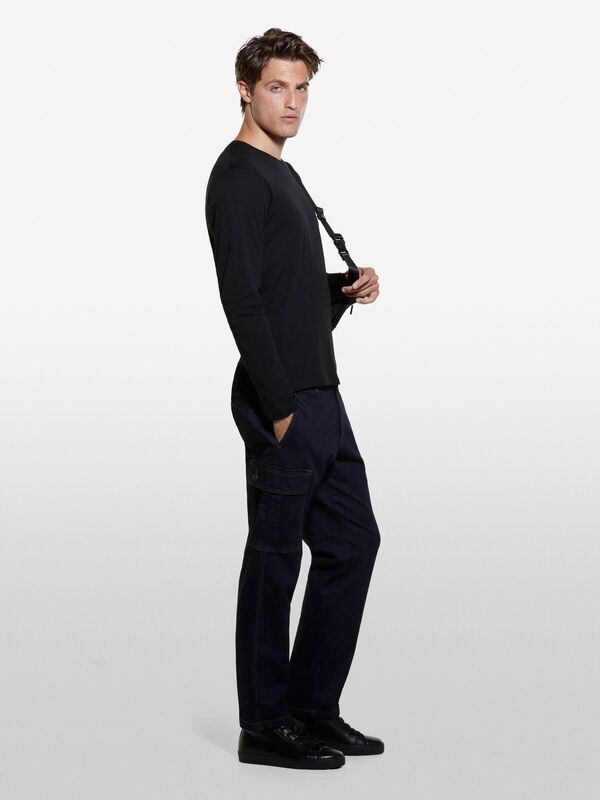 %100 Pamuk Dar Kesim Bisiklet Yaka Uzun Kollu T-Shirt Erkek Siyah T-Shirt - 324A3WF0S1013