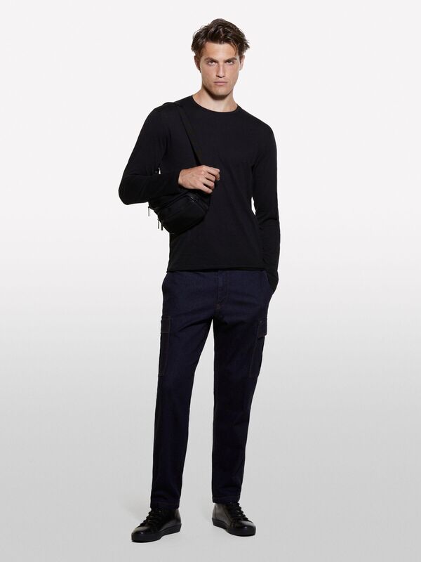 %100 Pamuk Dar Kesim Bisiklet Yaka Uzun Kollu T-Shirt Erkek Siyah T-Shirt - 324A3WF0S1013