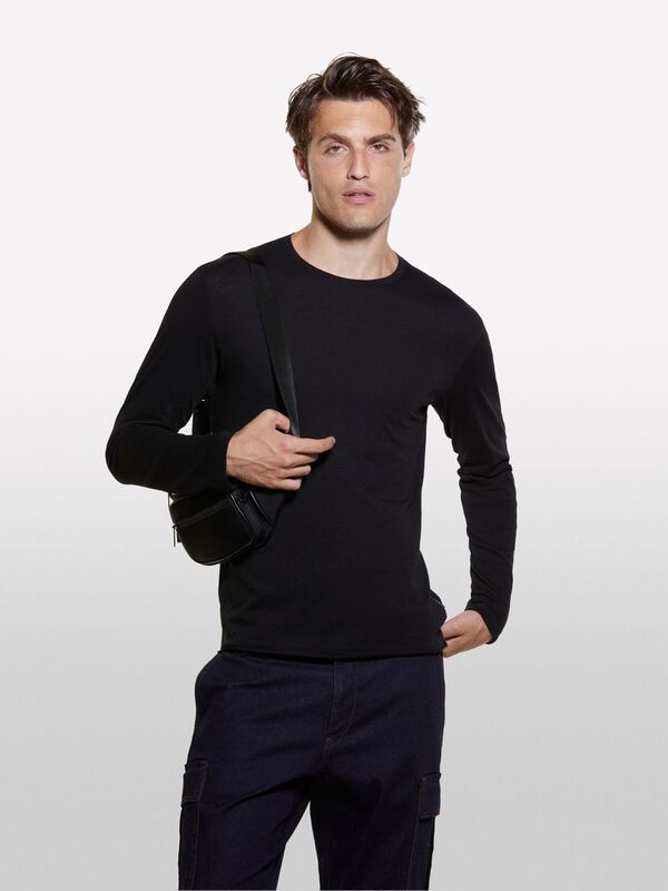 %100 Pamuk Dar Kesim Bisiklet Yaka Uzun Kollu T-Shirt Erkek Siyah T-Shirt - 324A3WF0S1013