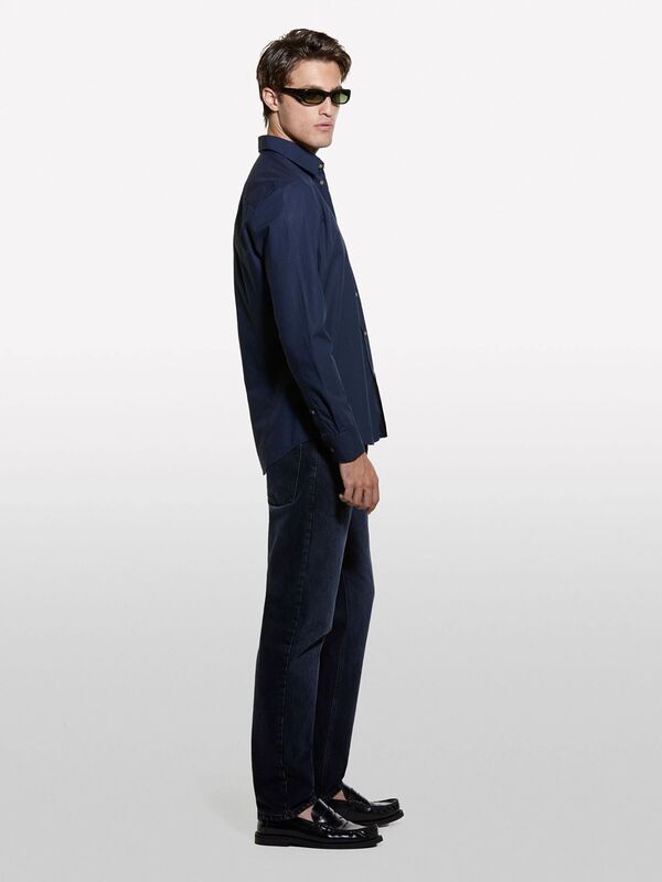 %100 Pamuk Dar Kesim Klasik Yakalı Baskılı Gömlek Erkek Gece Mavisi Gömlek - 324A5WNKSQ03U