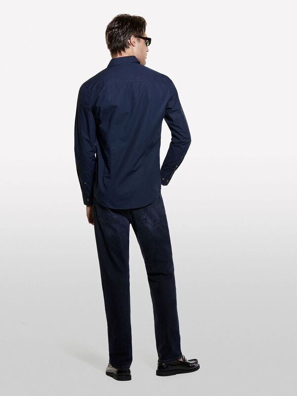 %100 Pamuk Dar Kesim Klasik Yakalı Baskılı Gömlek Erkek Gece Mavisi Gömlek - 324A5WNKSQ03U