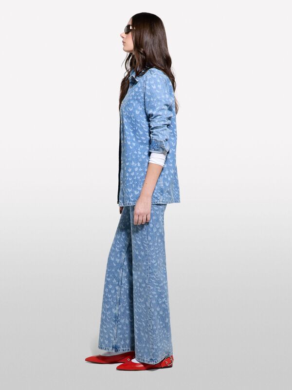 %100 Pamuk Desenli Çıtçıtlı Relax Fit Denim Gömlek Kadın Buz mavisi Denim Gömlek - 325P53Y3LQ08I