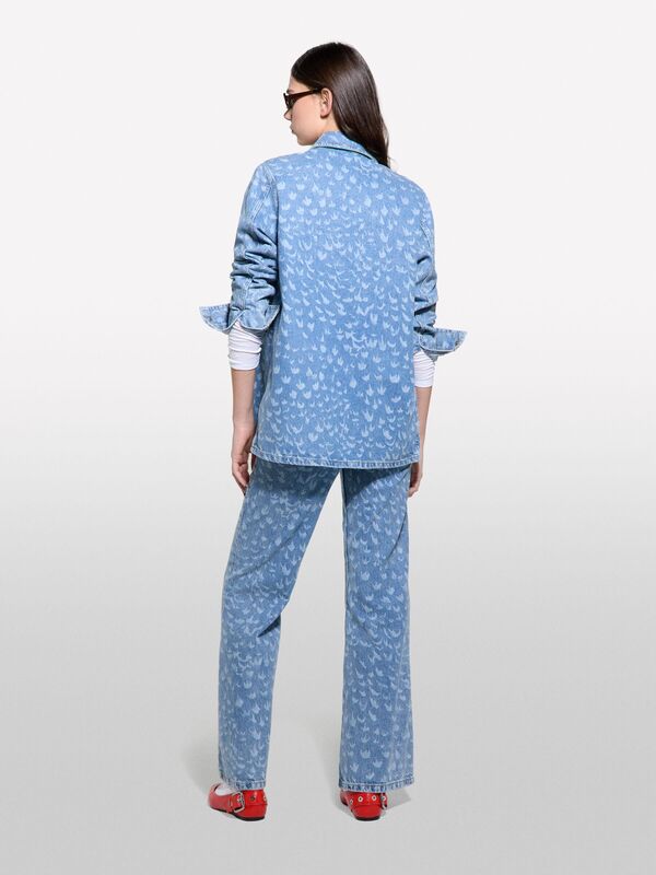 %100 Pamuk Desenli Çıtçıtlı Relax Fit Denim Gömlek Kadın Buz mavisi Denim Gömlek - 325P53Y3LQ08I