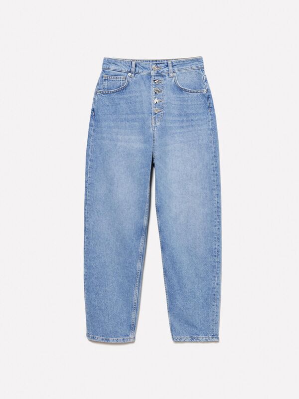 %100 Pamuk Düğme Detaylı Yüksel Bel Düz Paça Denim Pantolon Kadın Buz mavisi Denim Pantolon - 325P4I2MLE04G