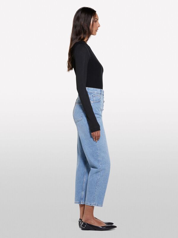 %100 Pamuk Düğme Detaylı Yüksel Bel Düz Paça Denim Pantolon Kadın Buz mavisi Denim Pantolon - 325P4I2MLE04G