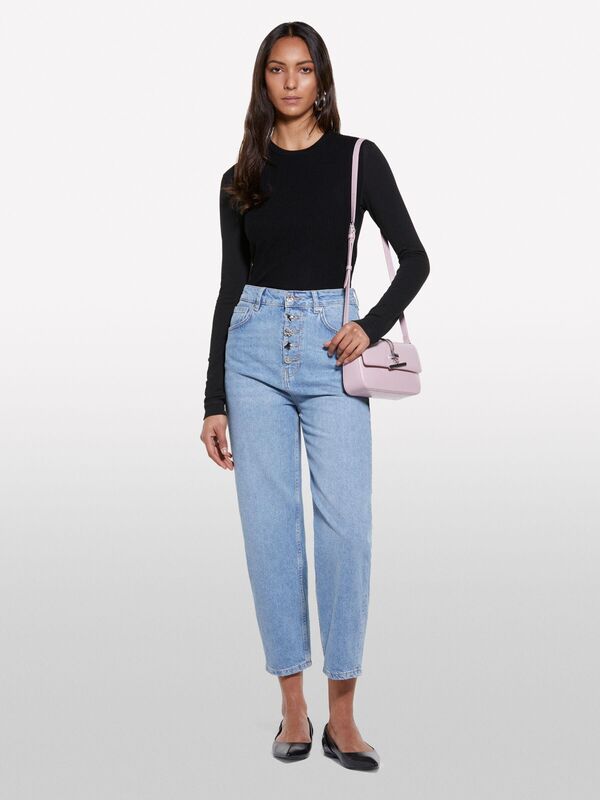 %100 Pamuk Düğme Detaylı Yüksel Bel Düz Paça Denim Pantolon Kadın Buz mavisi Denim Pantolon - 325P4I2MLE04G