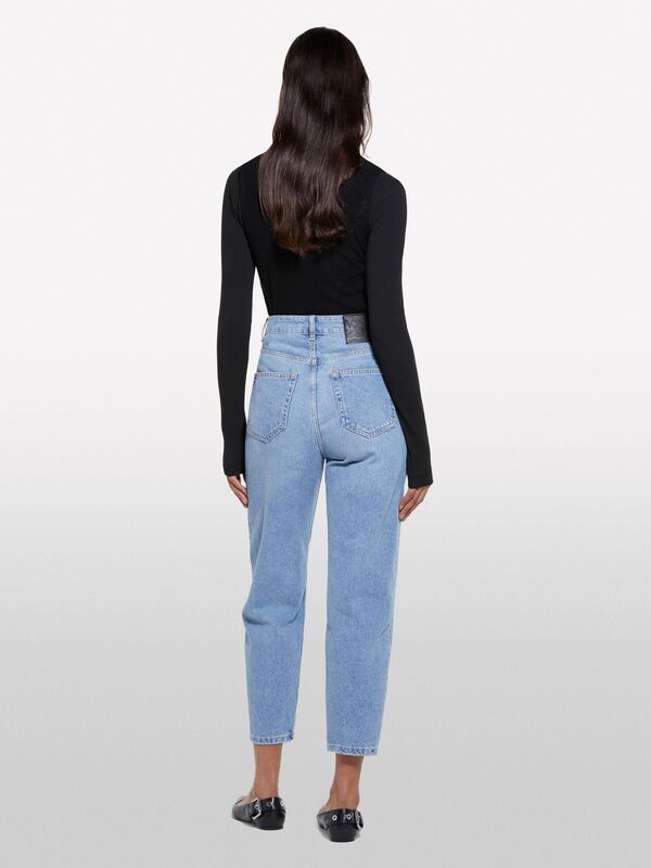 %100 Pamuk Düğme Detaylı Yüksel Bel Düz Paça Denim Pantolon Kadın Buz mavisi Denim Pantolon - 325P4I2MLE04G