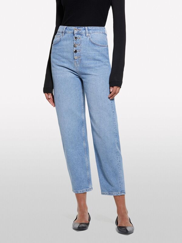 Sisley - %100 Pamuk Düğme Detaylı Yüksel Bel Düz Paça Denim Pantolon Kadın Buz mavisi Denim Pantolon - 325P4I2MLE04G