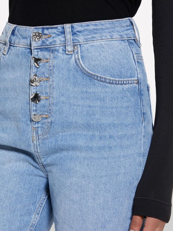 %100 Pamuk Düğme Detaylı Yüksel Bel Düz Paça Denim Pantolon Kadın Buz mavisi Denim Pantolon - 325P4I2MLE04G