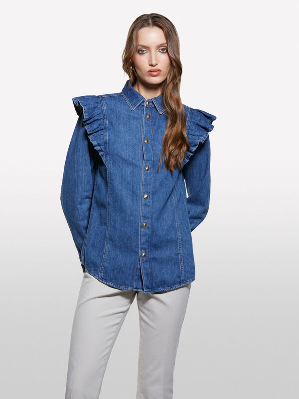 %100 Pamuk Fırfır Detaylı Denim Gömlek Kadın Haki Yeşili Gömlek - 325A53GELQ09N