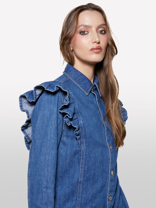 %100 Pamuk Fırfır Detaylı Denim Gömlek Kadın Haki Yeşili Gömlek - 325A53GELQ09N