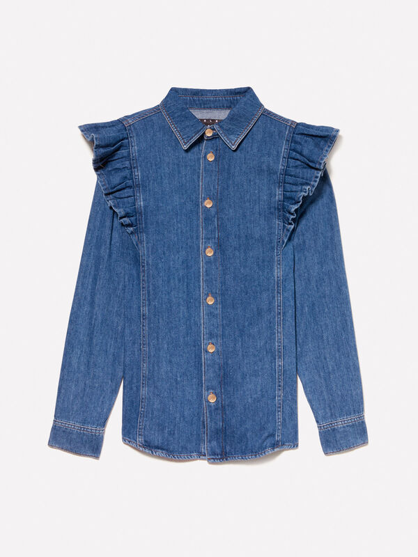 %100 Pamuk Fırfır Detaylı Denim Gömlek Kadın Haki Yeşili Gömlek - 325A53GELQ09N
