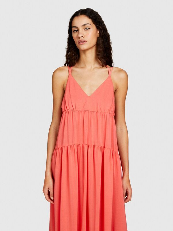 %100 Pamuk Fırfır Motifli Enseden Bağlamalı Uzun Elbise Kadın Düzenlenecek Elbise - 324P43A2LV05P