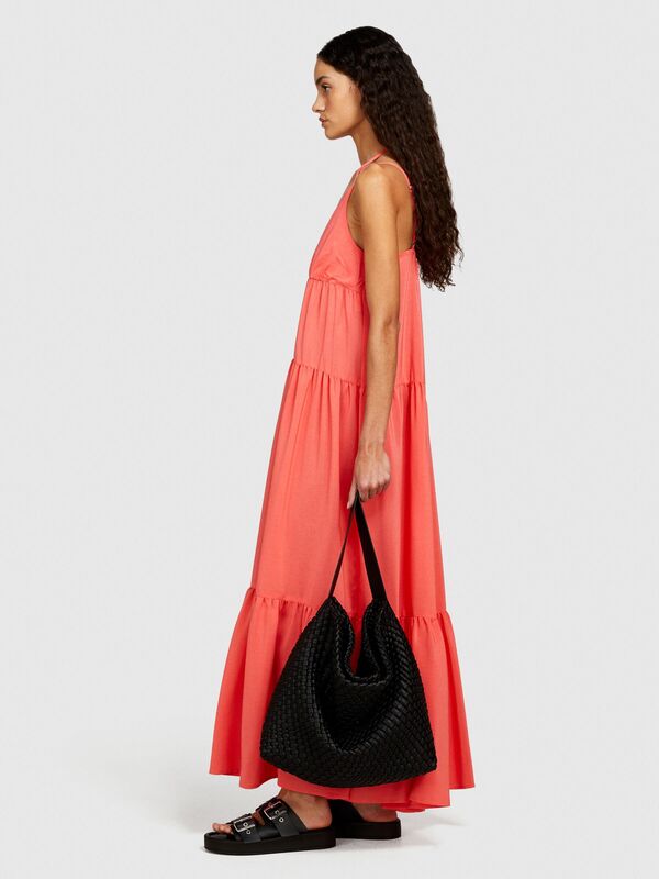 Sisley - %100 Pamuk Fırfır Motifli Enseden Bağlamalı Uzun Elbise Kadın Düzenlenecek Elbise - 324P43A2LV05P