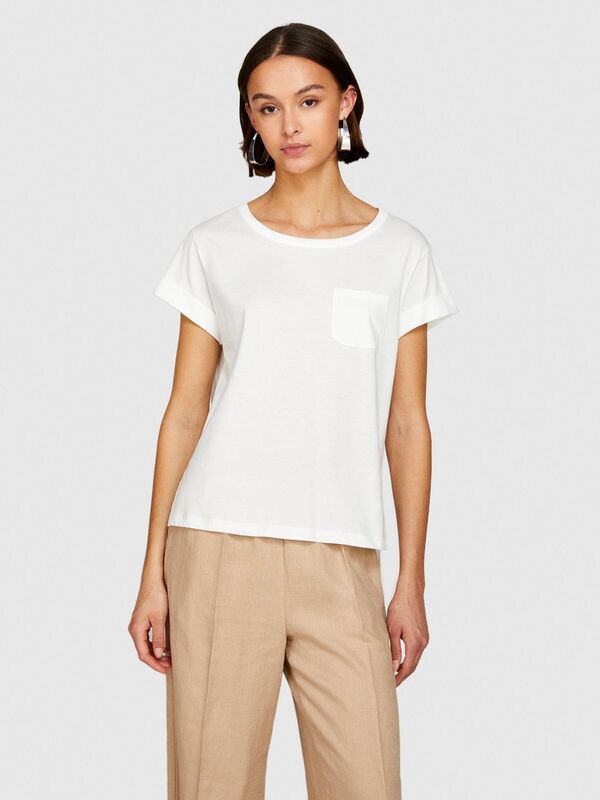 %100 Pamuk Geniş Bisiklet Yaka Dar Kesim Düz T-Shirt Kadın Kırık Beyaz T-Shirt - 324P3I1XL1058