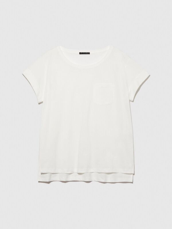 %100 Pamuk Geniş Bisiklet Yaka Dar Kesim Düz T-Shirt Kadın Kırık Beyaz T-Shirt - 324P3I1XL1058