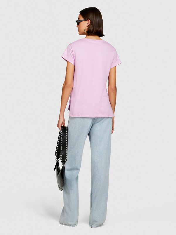 Sisley - %100 Pamuk Geniş Bisiklet Yaka Dar Kesim Düz T-Shirt Kadın Sarı T-Shirt - 324P3I1XL1058