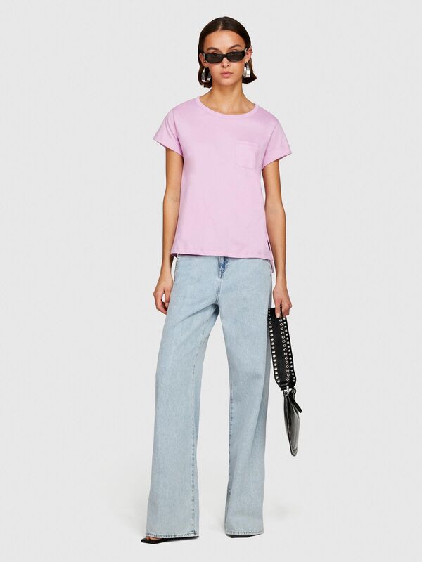 %100 Pamuk Geniş Bisiklet Yaka Dar Kesim Düz T-Shirt Kadın Sarı T-Shirt - 324P3I1XL1058