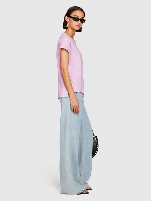 %100 Pamuk Geniş Bisiklet Yaka Dar Kesim Düz T-Shirt Kadın Sarı T-Shirt - 324P3I1XL1058