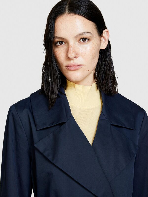 Sisley - %100 Pamuk Geniş Yaka Beli Kuşaklı Trençkot Kadın Lacivert Trençkot - 324P2NNSLN025