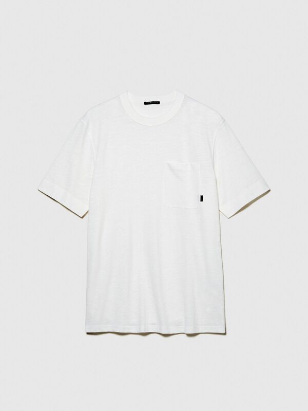 %100 Pamuk Göğsü Cepli Bisiklet Yaka Slub T-Shirt Erkek Beyaz T-Shirt - 324P3WF0S103L