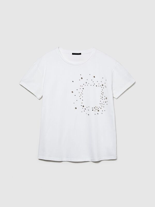 %100 Pamuk Göğsü Payet İşlemeli Bisiklet Yaka T-Shirt Kadın Beyaz T-Shirt - 324P3F1QL1054