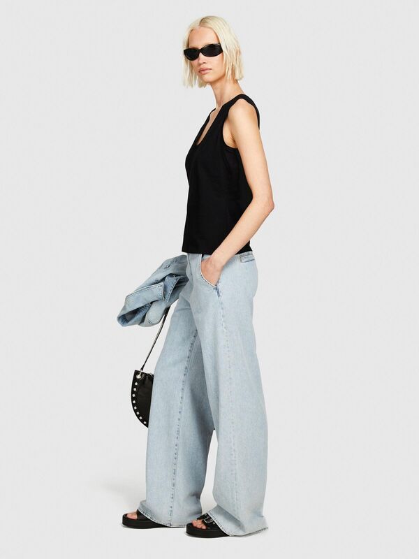 Sisley - %100 Pamuk Kalın Askılı V Yaka Atlet Kadın Siyah Atlet - 324P3I1XLH00S