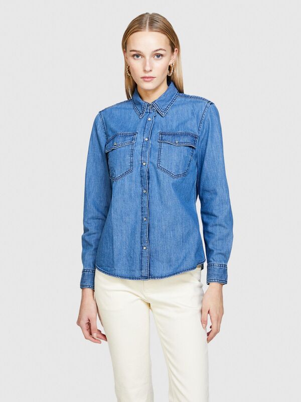 %100 Pamuk Kapaklı Cepli Denim Gömlek Kadın Siyah Mix Gömlek - 324P5FV6LQ028