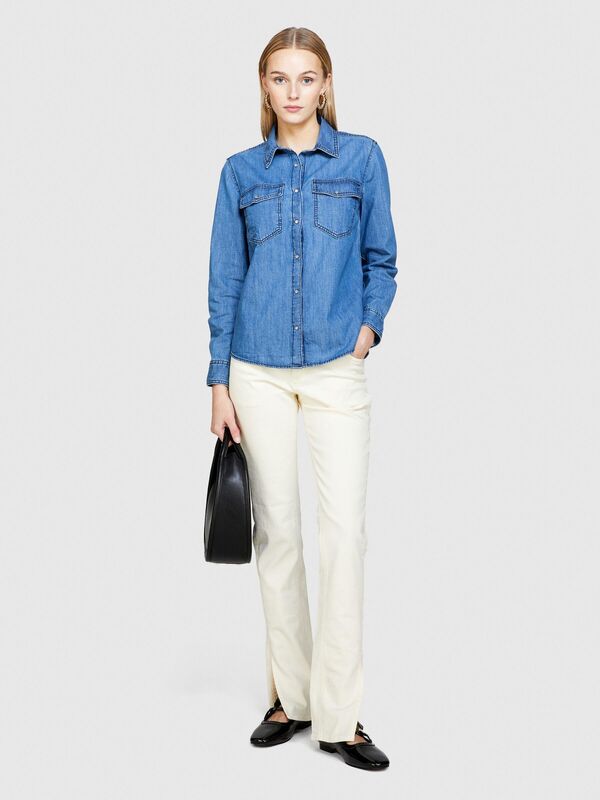 %100 Pamuk Kapaklı Cepli Denim Gömlek Kadın Siyah Mix Gömlek - 324P5FV6LQ028