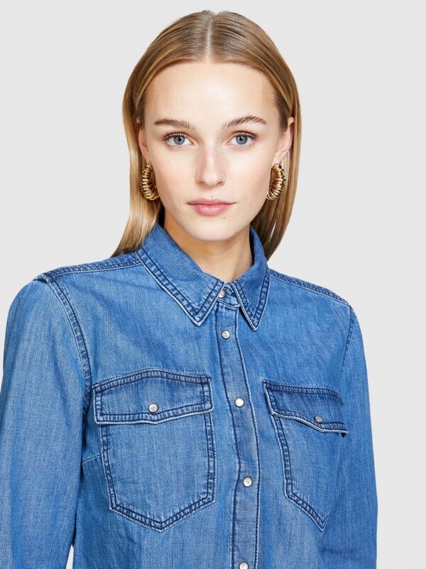 %100 Pamuk Kapaklı Cepli Denim Gömlek Kadın Siyah Mix Gömlek - 324P5FV6LQ028