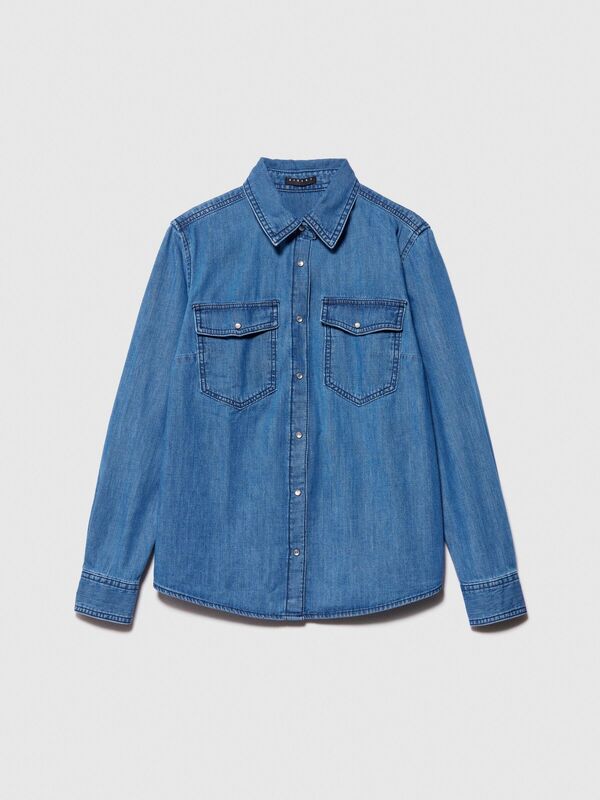 %100 Pamuk Kapaklı Cepli Denim Gömlek Kadın Siyah Mix Gömlek - 324P5FV6LQ028