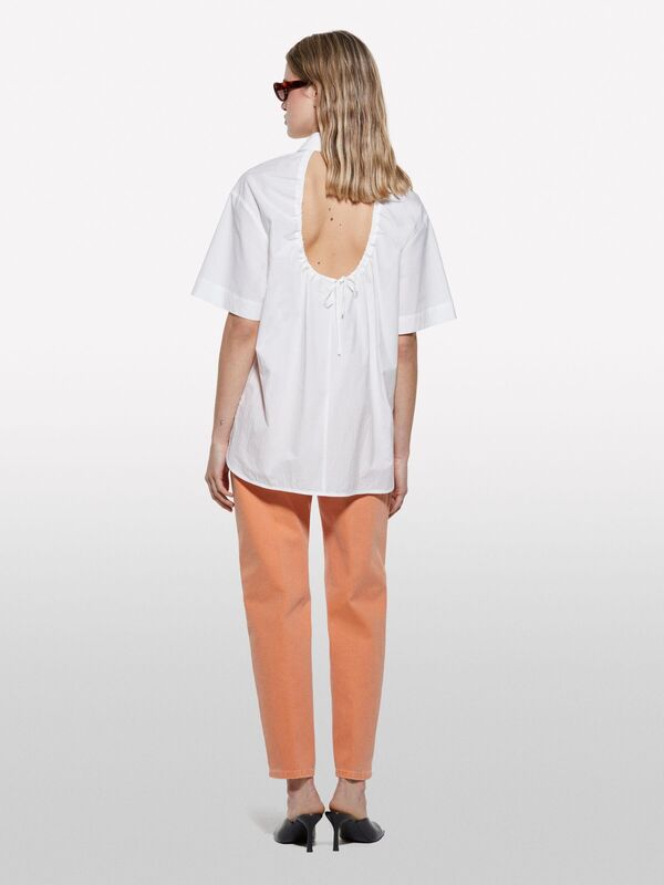 %100 Pamuk Kısa Kollu Poplin Gömlek Kadın Beyaz Gömlek - 325P52EHLQ094