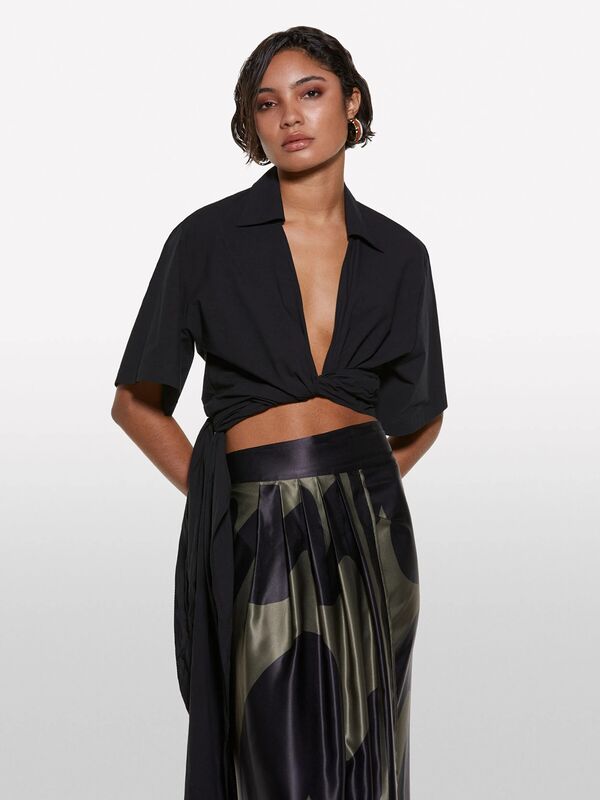 %100 Pamuk Kuşaklı Kruvaze Poplin Gömlek Kadın Siyah Gömlek - 325P52EHLQ091