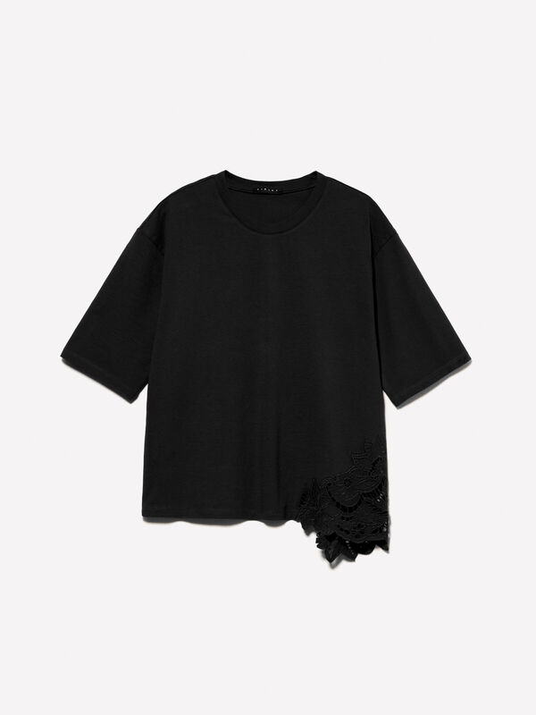 %100 Pamuk Nakış Detaylı Bisiklet Yaka Regular Fit T-Shirt Kadın Siyah T-Shirt - 325P3F1QL107M