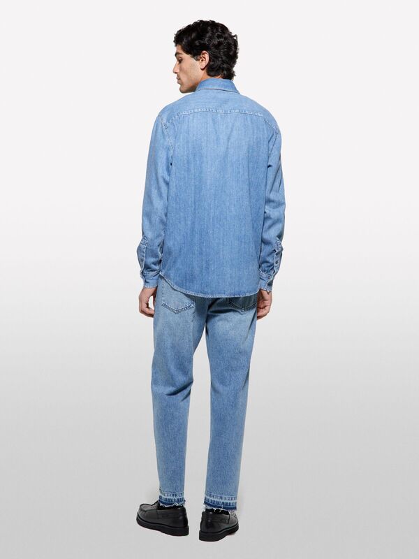 %100 Pamuk Önü 2 Cepli Regular Fit Denim Gömlek Erkek Mavi Denim Gömlek - 325P53GESQ04G