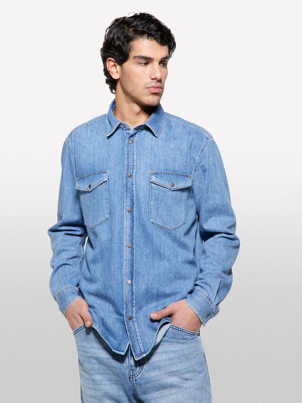 %100 Pamuk Önü 2 Cepli Regular Fit Denim Gömlek Erkek Mavi Denim Gömlek - 325P53GESQ04G