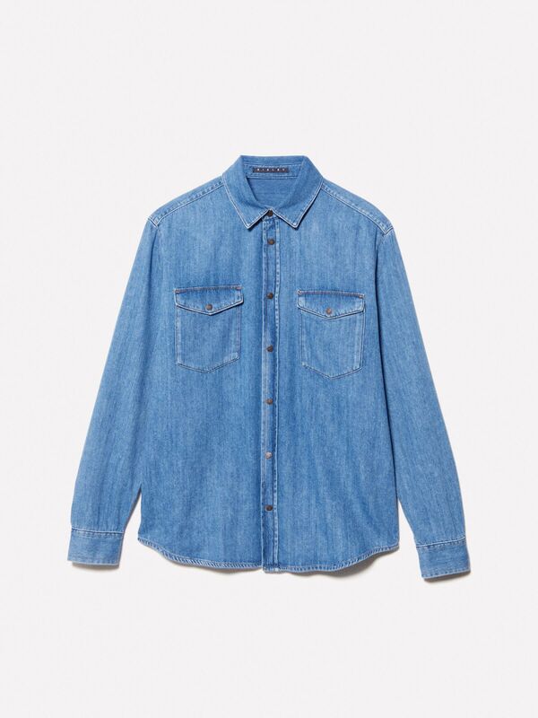 %100 Pamuk Önü 2 Cepli Regular Fit Denim Gömlek Erkek Mavi Denim Gömlek - 325P53GESQ04G