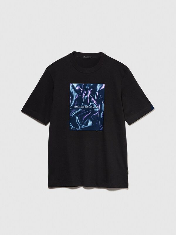 %100 Pamuk Önü Baskı Detaylı Bisiklet Yaka T-Shirt Erkek Siyah T-Shirt - 324P3I1XS103I