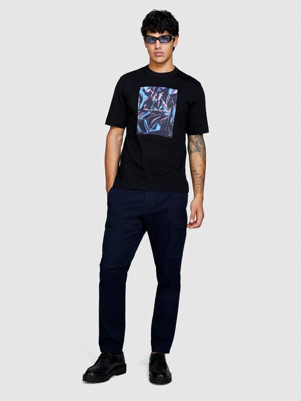 %100 Pamuk Önü Baskı Detaylı Bisiklet Yaka T-Shirt Erkek Siyah T-Shirt - 324P3I1XS103I