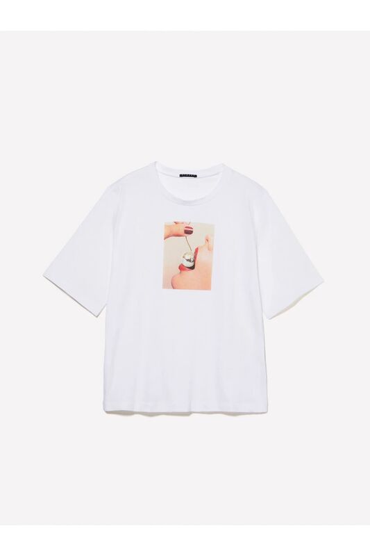 %100 Pamuk Önü Baskılı Kısa Kollu Bisiklet Yaka T-Shirt Kadın Beyaz T-Shirt - 324A3I1XL105P