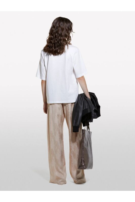 %100 Pamuk Önü Baskılı Kısa Kollu Bisiklet Yaka T-Shirt Kadın Kırık Beyaz T-Shirt - 324A3I1XL105P