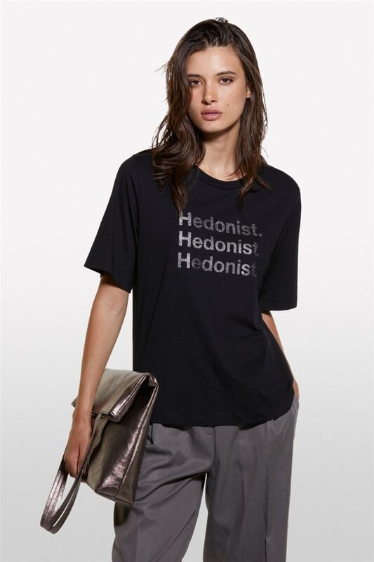 %100 Pamuk Önü Baskılı Kısa Kollu Bisiklet Yaka T-Shirt Kadın Siyah Baskılı T-Shirt - 324A3I1XL105P