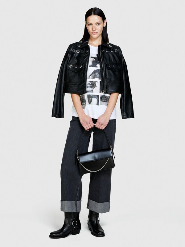 %100 Pamuk Önü Folyo Baskılı Bisiklet Yaka T-Shirt Kadın Beyaz T-Shirt - 324P3096L104X